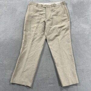 Perry Ellis Dress Pants Men 36 x 30 Beige Classic Fit Linen Blend Folio Flex